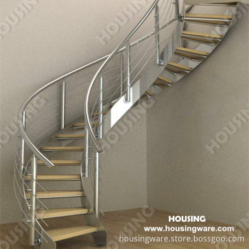 Stainless Steel Fence Curved Stair with Wooden Steps